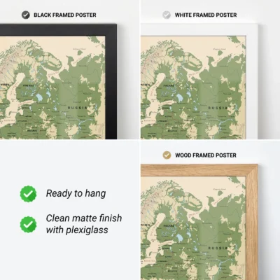 Three framed map posters in black, white, and wood frames displaying a detailed geographical map.
