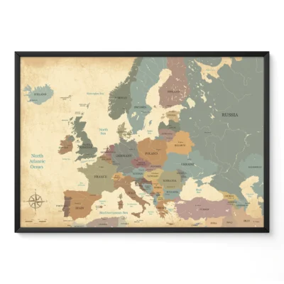 Vintage map of Europe with countries in different colors and labeled borders.
