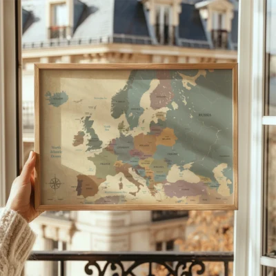 A person holding a vintage map of Europe framed in wood, with a Parisian window view in the background.