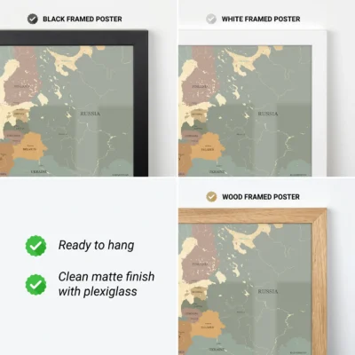 Collage of three framed map posters with black, white, and wood frames, featuring a map of Russia.