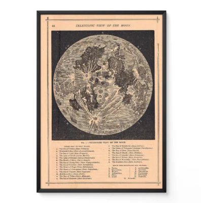Antique illustration of the Moon with labeled features