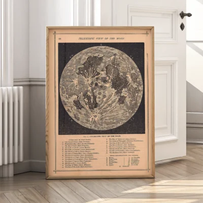 Antique print of the Moon's surface with labeled features