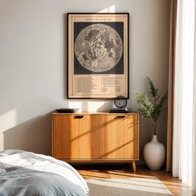 A cozy bedroom corner with a wooden cabinet, a lunar map on the wall, and soft morning light.