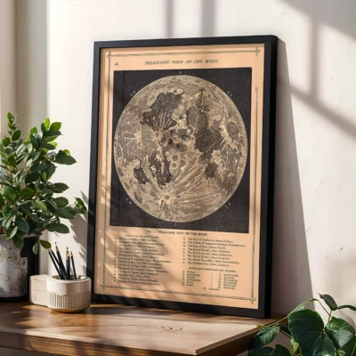 A framed vintage illustration of the Moon as seen through a telescope, with labeled lunar features.