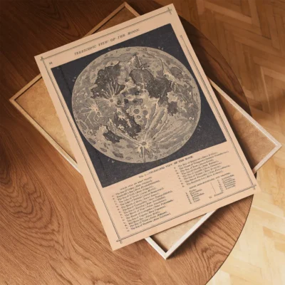 An illustrated map of the Moon showing craters and features in detail, placed on a wooden table.