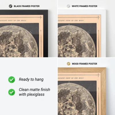 Three framed versions of a moon poster: black, white, and wood frame options.