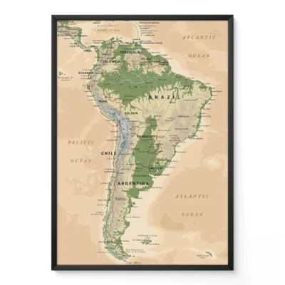 Topographic map of South America featuring countries and geographical features