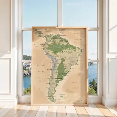 Vintage map of South America highlighting geographical features and country borders.