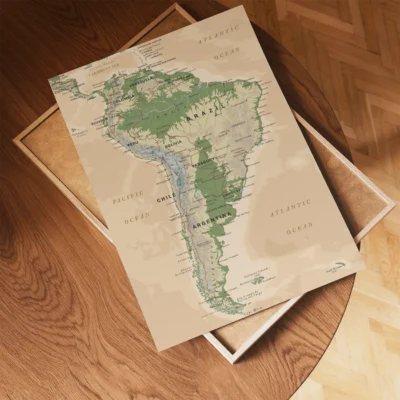 A detailed map of South America showing countries, geographical features, and topography.