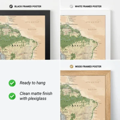 Three framed maps of Brazil in black, white, and wood frames, showcasing their clean matte finish and readiness to hang.