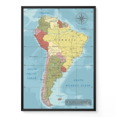 A vintage-style map of South America with country borders and names labeled in vibrant colors.