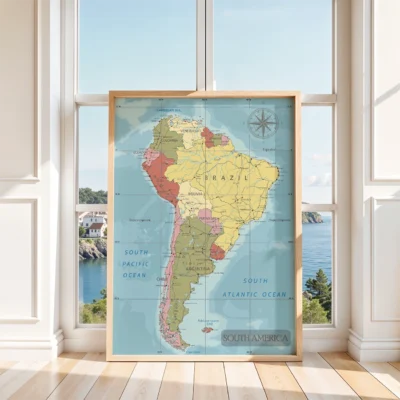 A framed map of South America displayed against a backdrop of large windows overlooking the ocean.
