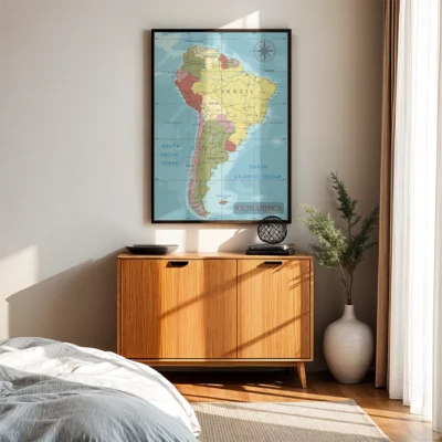 A vintage map of South America on a wall in a cozy room with a wooden sideboard and a decorative vase.
