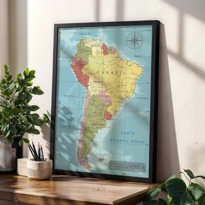 A framed map of South America showing countries and geographical features, placed on a wooden table with plants