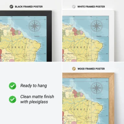 Three framed map posters illustrating a map of Brazil in black, white, and wood frames.