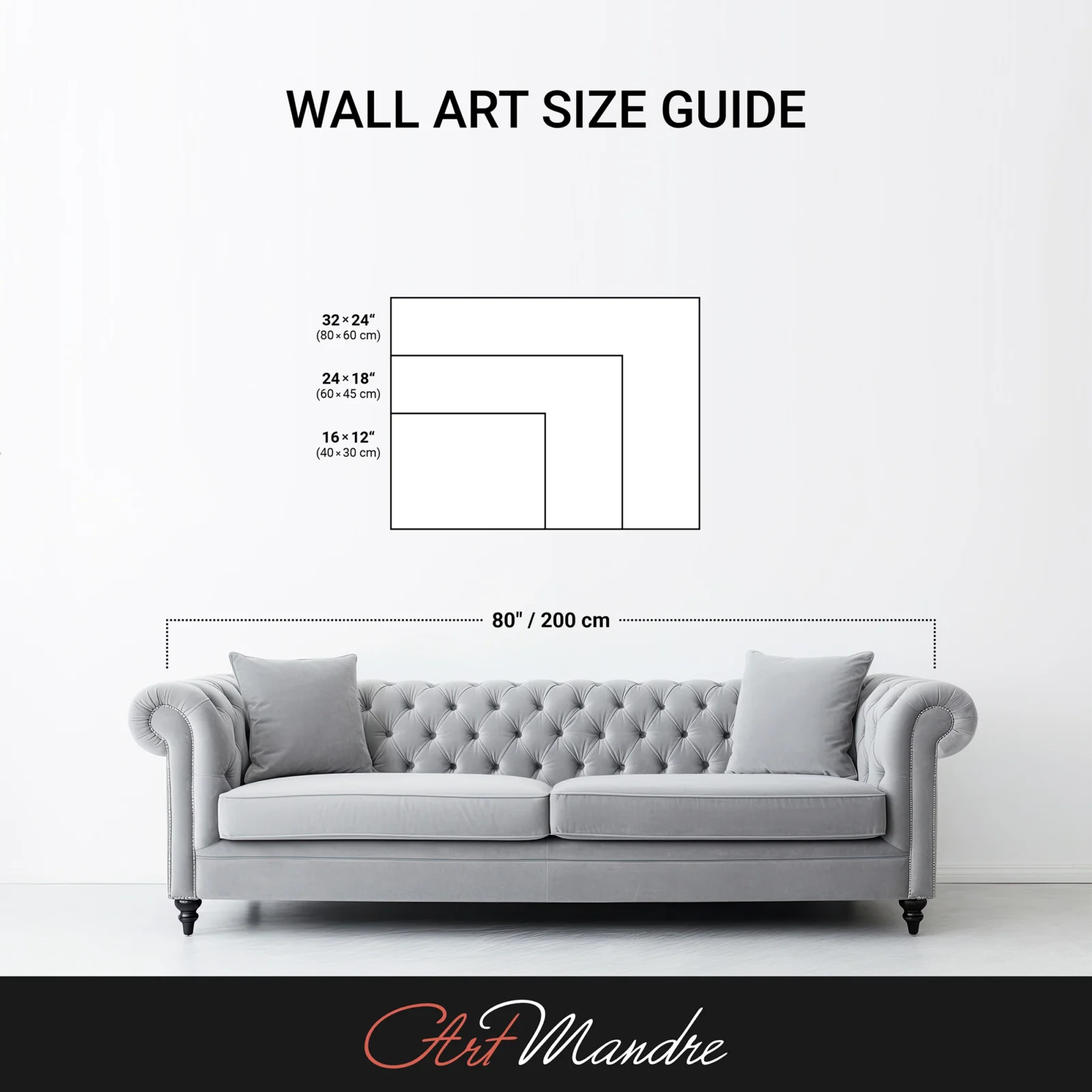 Wall art size guide displayed above a gray tufted sofa, showing recommended artwork dimensions.