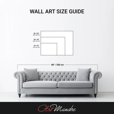 Wall art size guide displayed above a gray tufted sofa, showing recommended artwork dimensions.