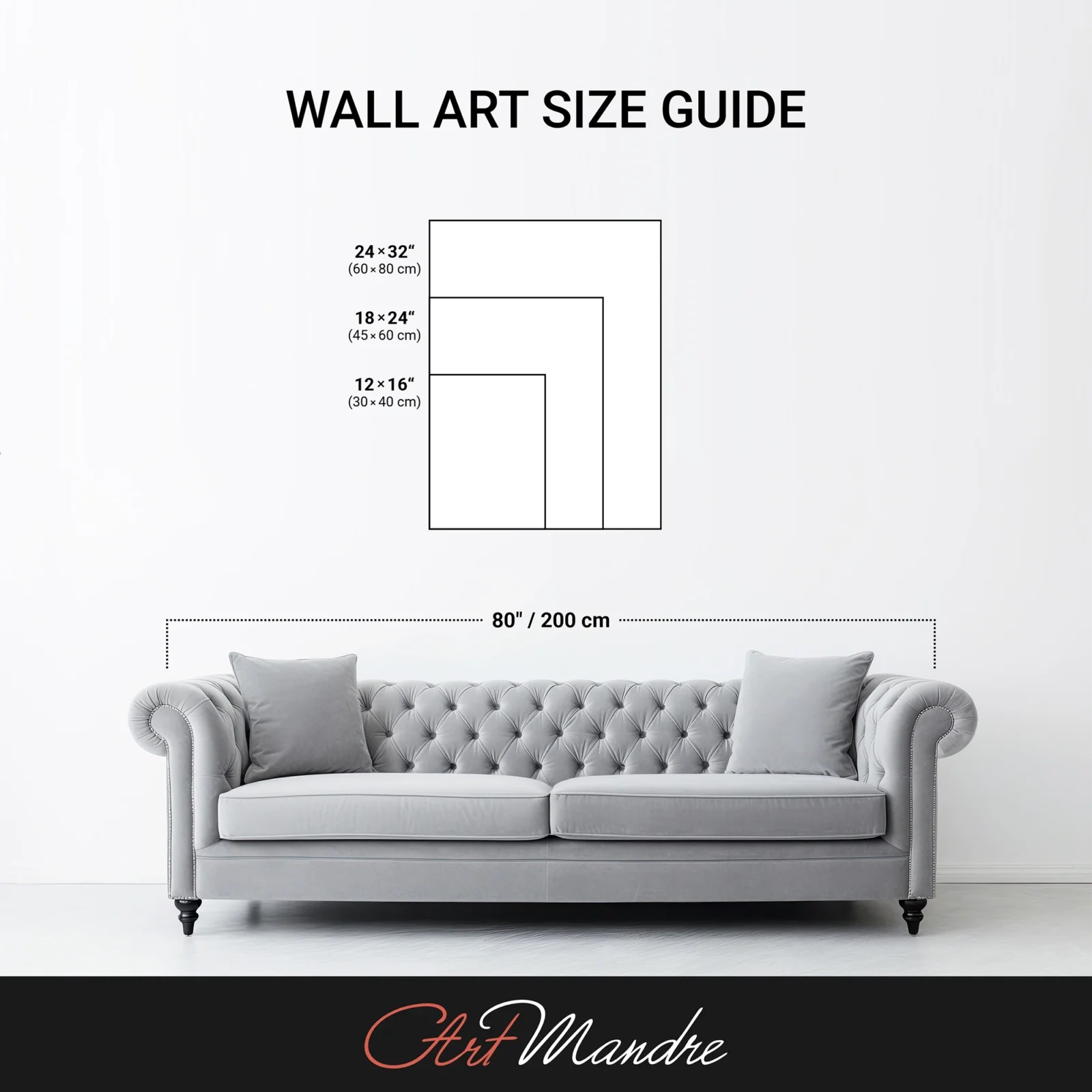 A stylish grey tufted sofa in a modern living room with a wall art size guide displayed above it, showing recommended sizes for artwork.
