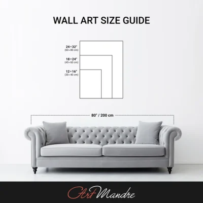 A stylish grey tufted sofa in a modern living room with a wall art size guide displayed above it, showing recommended sizes for artwork.