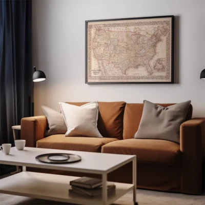 Cozy living room with a vintage map on the wall above a brown sofa with pillows