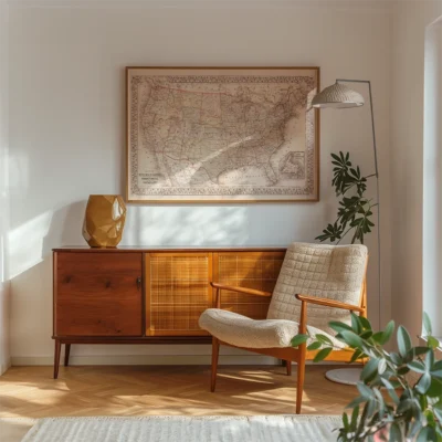 A mid-century modern living room with a beige armchair, wooden sideboard, decorative vase, vintage map on the wall, and a plant.