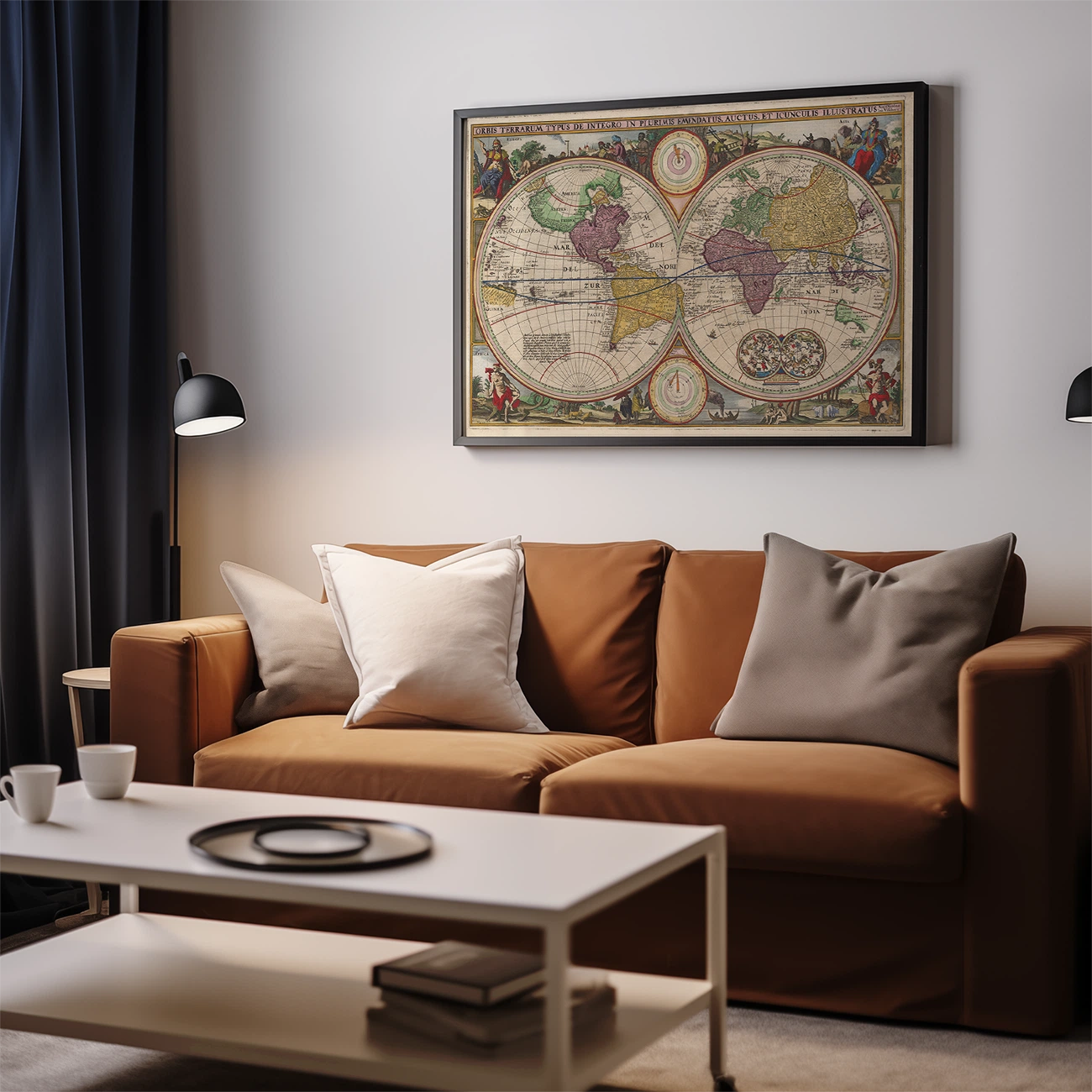 Cozy living room with a vintage world map on the wall above a brown sofa