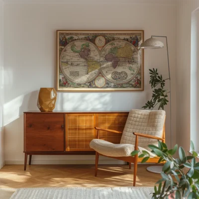 A cozy living room featuring a mid-century armchair, wooden sideboard, and an antique world map on the wall.
