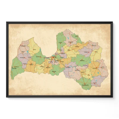 Vintage map of Latvia displaying its regions and towns with an aged paper texture.