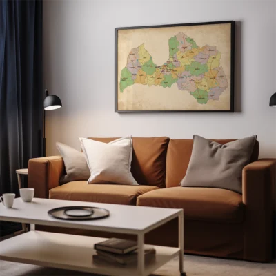Living room with a vintage map hanging on the wall above a brown sofa with decorative cushions.