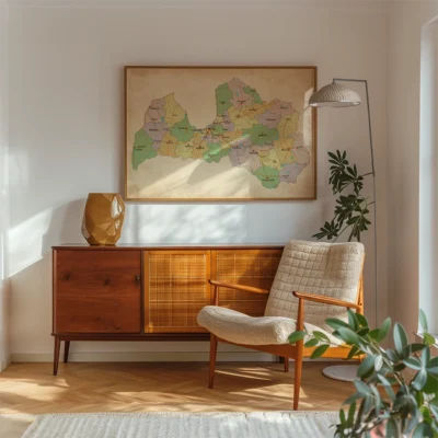 Cozy living room with a wooden sideboard, upholstered chair, vintage map on the wall, and a potted plant