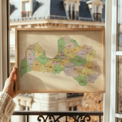 A person holding a framed map inside a building, with sunlight streaming through a window.
