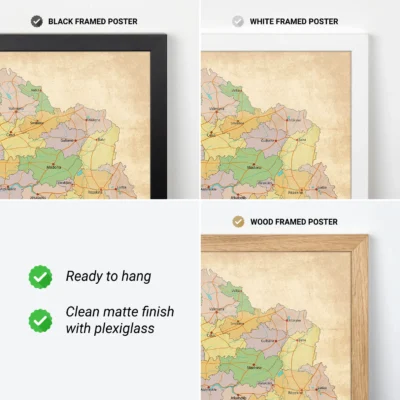 Comparison of black, white, and wood framed map posters with features