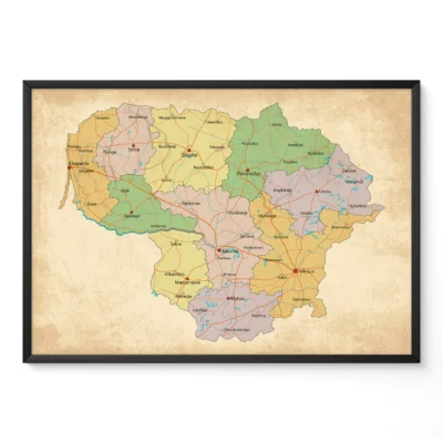 A vintage map of Lithuania displaying its regions and cities with an antique parchment background.