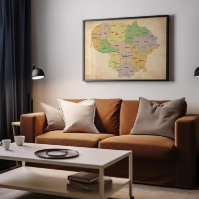 Framed vintage map of Lithuania above a brown sofa in a living room setting.
