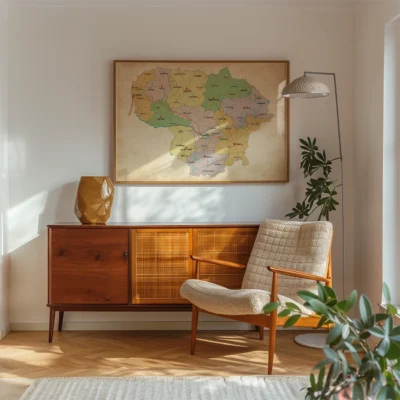 Cozy living room with mid-century furniture, a vintage map on the wall, and a potted plant.