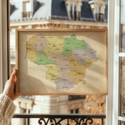 Framed map of Lithuania held by a person in front of a window