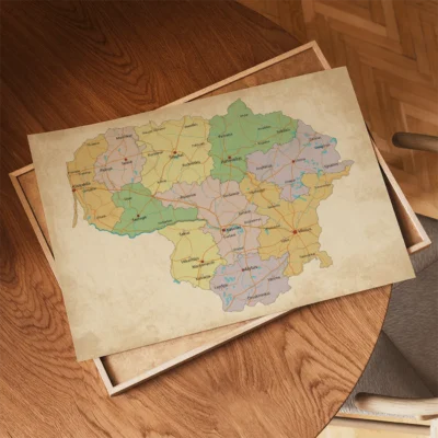 Vintage-style map of Lithuania with colored regions and marked cities