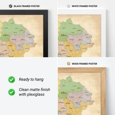 Three framed map posters in black, white, and wood frames showcasing a detailed geographical map, with text indicating they are ready to hang and have a clean matte finish.