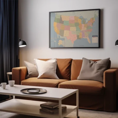 A modern living room with a brown sofa, decorative pillows, and a map of the United States on the wall.