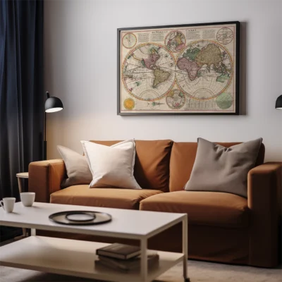 A framed antique world map on a living room wall above a brown sofa with pillows.