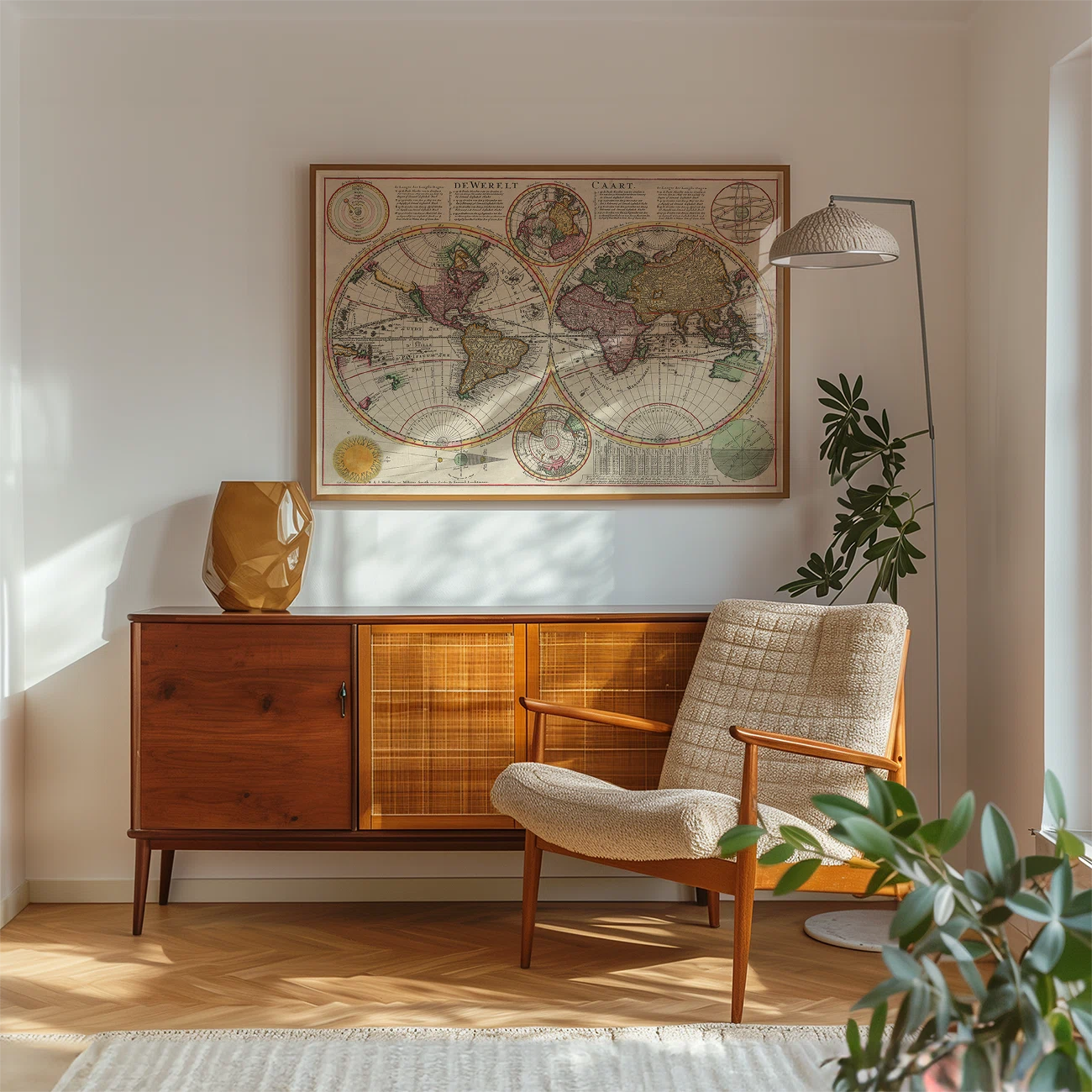 Living room with mid-century modern furniture, a vintage world map, and a plant.