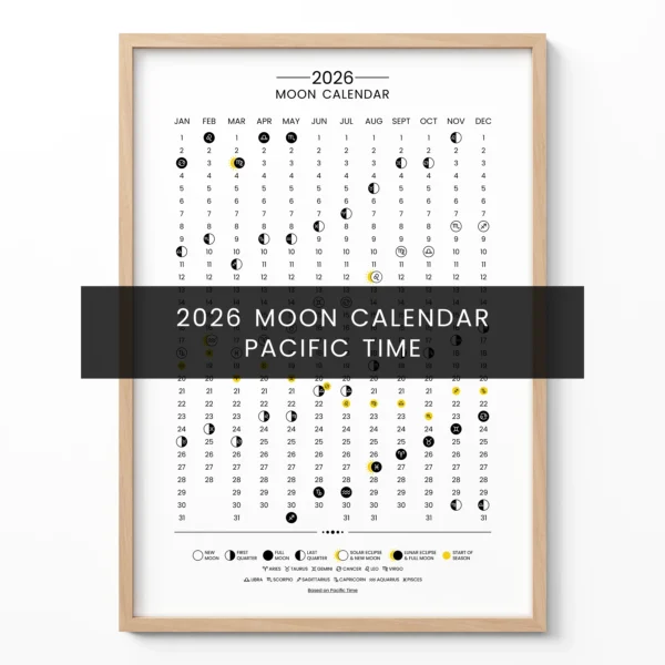 2026 Moon Calendar for Pacific Time displayed in a wooden frame