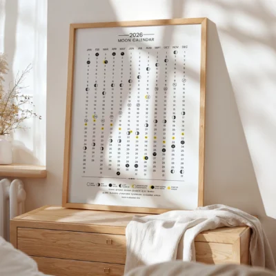 Framed 2026 Moon Calendar on a wooden dresser.