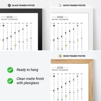 2026 Moon Calendar displayed in black, white, and wood frames, showcasing moon phases.