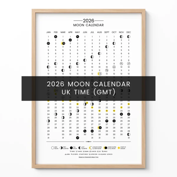 Framed 2026 Moon Calendar showing lunar phases month by month, designed for UK time (GMT).