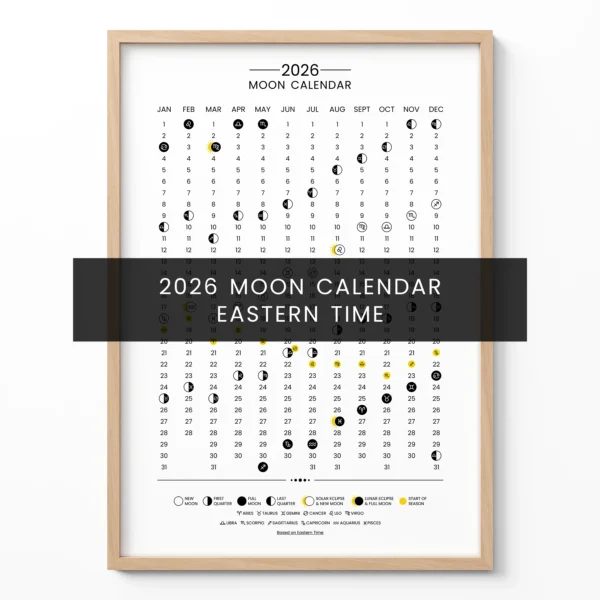 2026 Moon Calendar displaying moon phases and dates in Eastern Time in a framed format.