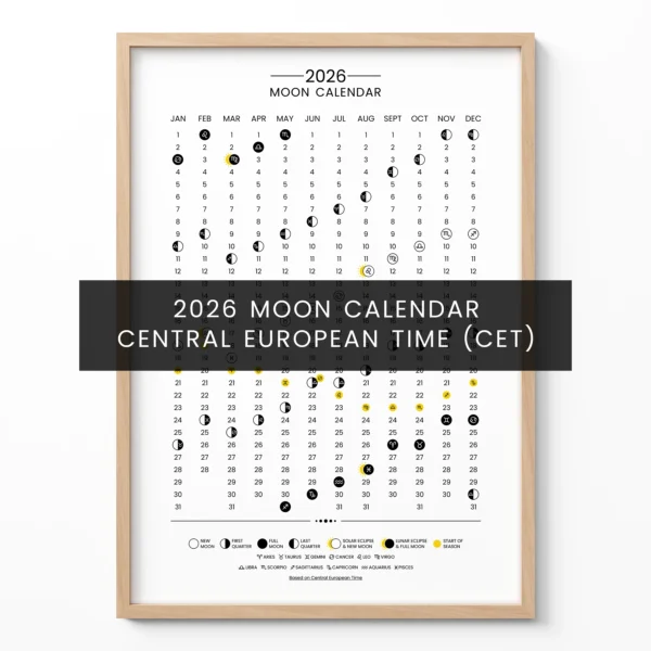 2026 Moon Calendar with lunar phases for each month, framed in wood and labeled for Central European Time (CET).