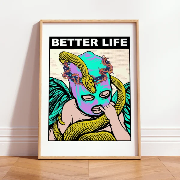 Retro Artwork Print – Cupid with Mask and Snake