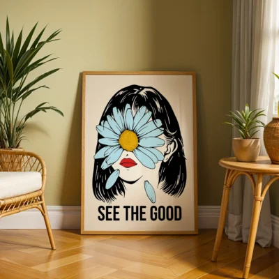 Artistic poster of a woman's face covered with a large blue flower and the text 'SEE THE GOOD'