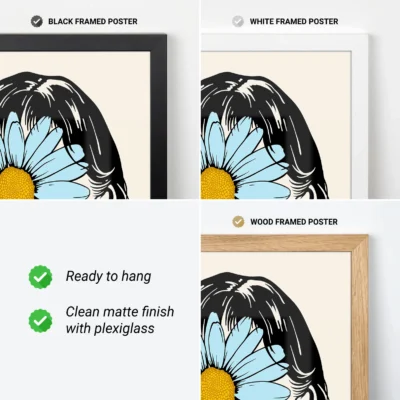 Three framed posters displayed: one in black, one in white, and one in wood, all featuring a colorful flower illustration.